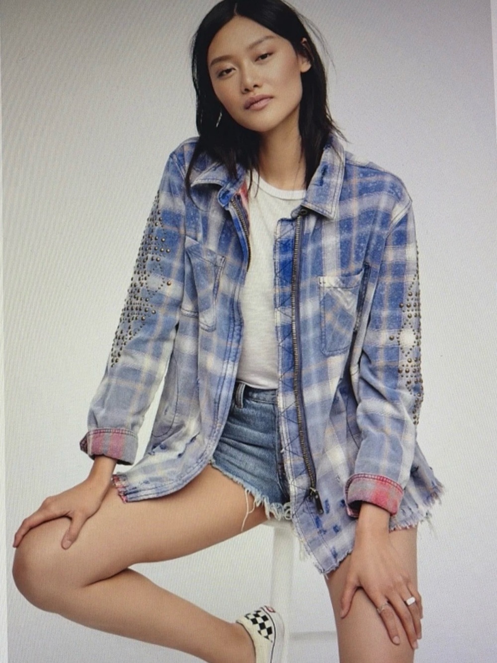 Free People Deconstructed Flannel Shirt Jacket Blue Plaid Studded Distress M